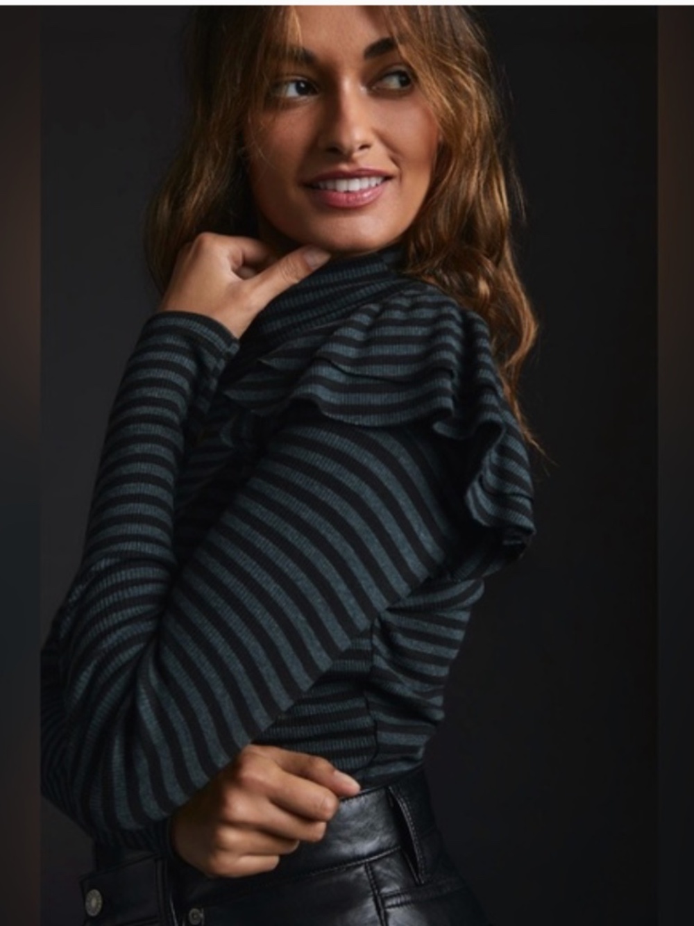 Anthropologie T.La Ruffled Turtleneck Top, Green/Black stripes, Large